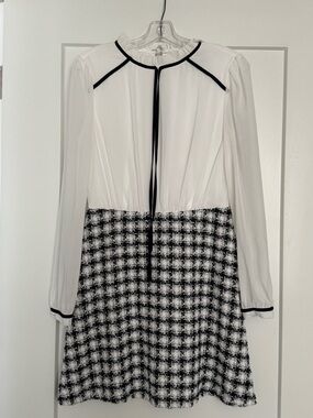 White Long-Sleeve Two-Tone Dress with Black Trim